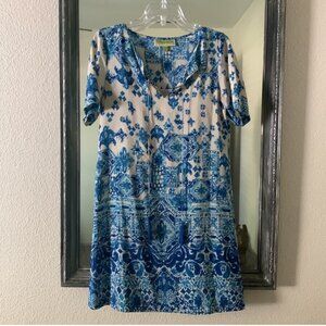 Sigrid Olsen “Signature” Blue and Cream Patterned Midi Dress 100% Silk